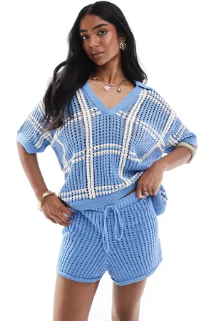 Pull&Bear Crochet knitted polo top in check (part of a set)