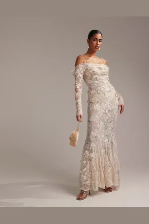 ASOS Statement applique lace fishtail maxi wedding dress in -White