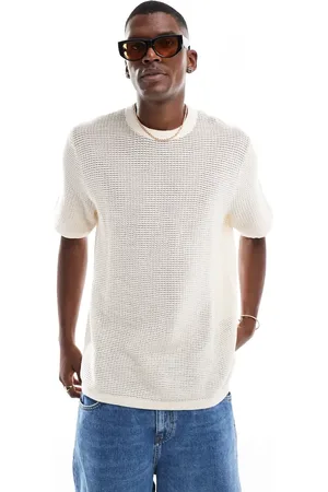 JACK & JONES Crochet t-shirt in beige and green stripe-White
