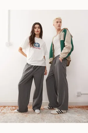 Reclaimed Unisex pull-on wide leg pinstripe pants in charcoal