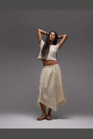 Topshop Satin hanky hem skirt with embroidery in -White
