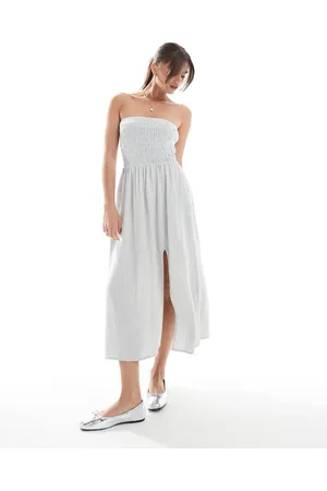 Hollister Strapless drop waist panelled midi dress in stripe-Green