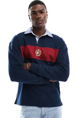 Tommy Hilfiger Colourblock crest rugby top in navy