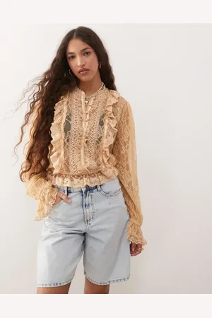 Miss Selfridge Lace trim button through heritage blouse in -White