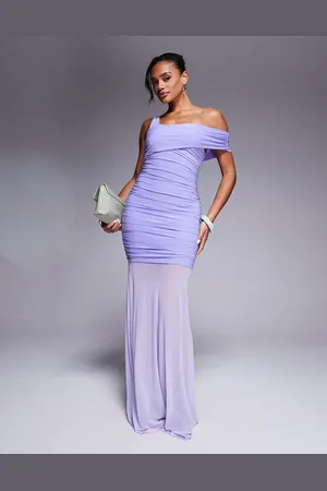 Kaiia Exclusive slinky asymmetric one shoulder sheer hem maxi dress in -Purple