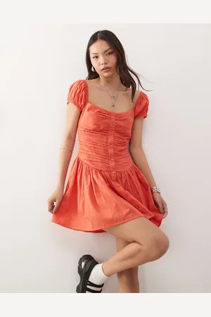 Reclaimed Square neck dropped waist mini summer dress in tangerine red-Multi