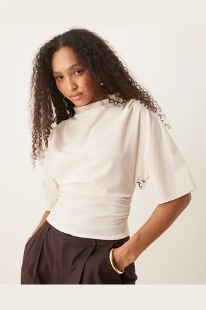 Gina Tricot Short sleeve drape boat neck top with elbow sleeves in off white-Grey