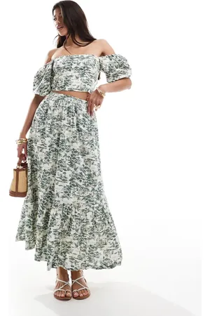 Abercrombie & Fitch Linen look tiered maxi skirt in green floral print (part of a set)