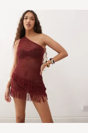 Motel Meloka crochet fringe detail one-shoulder mini dress in -Red