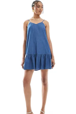 ONLY Dropped waist chambray mini dress in mid blue