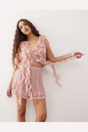Amy Lynn Ruffle detail pleated chiffon crop top in (part of a set)-Orange