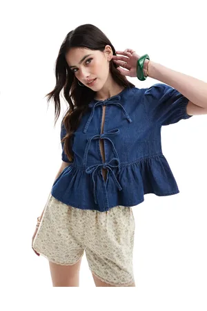 New Look Denim tie front top in blue