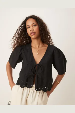 JDY Tie front broderie cropped blouse in