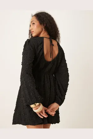 Gina Tricot Textured mini dress with open tie back and volume sleeves in