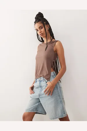 Reclaimed Twist detail off-the-shoulder jersey top with tie sides in mocha
