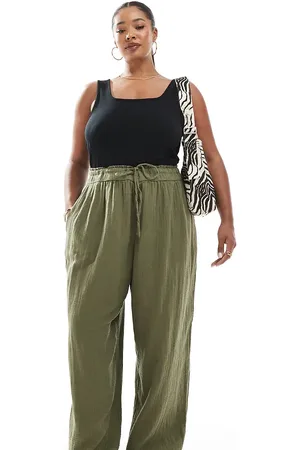 New Look New Look Curve double cloth wide leg pants in khaki-Green