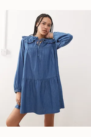 Reclaimed Mini smock dress with oversized Peter Pan collar in midwash blue