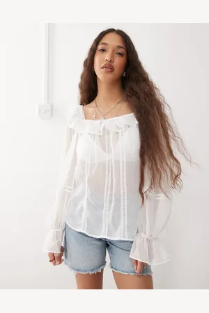 Reclaimed Sheer square neck top with ruffles and lace trim in white