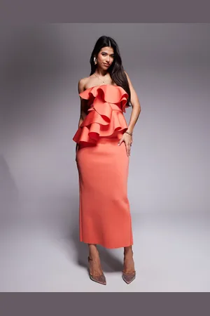 ASOS Scuba manipulated ruffle overlay bandeau midi dress in -Orange