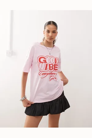 Noisy May Oversize tee with good vibes graphic in light pink