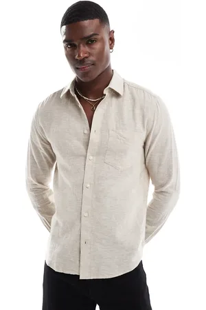 Only & Sons Relaxed fit linen mix long sleeve shirt in beige-Black