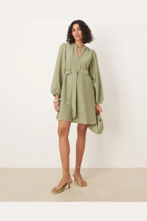 VILA V neck tie waist mini dress in green