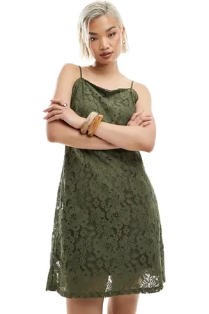 VERO MODA Square neck lace cami mini dress in olive green