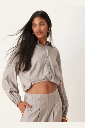 VILA Cropped bubble hem shirt in grey (part of a set)