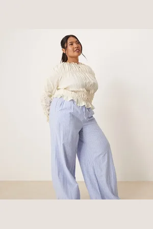 VILA Highwaist wide leg stripe dad pant with turn up cuff in blue