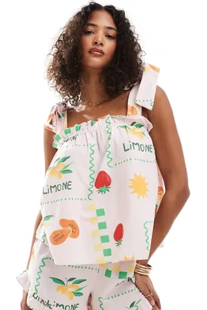 Pieces® Tie shoulder smock top in pale pink based fruit print (part of a set)