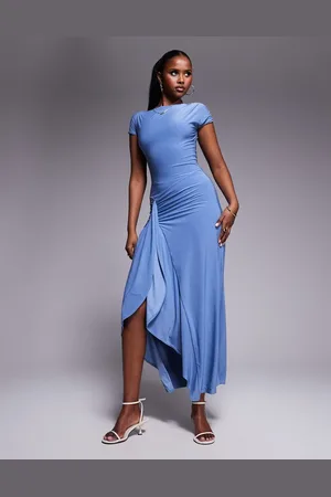 Kaiia Exclusive slinky cap sleeve side split drape detail maxi dress in
