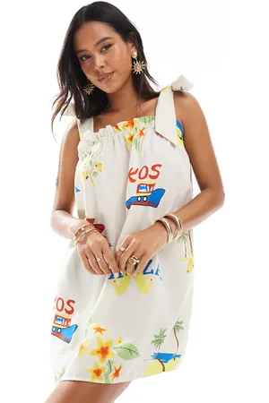Pieces® Tie shoulder cami smock mini dress in cream-based conversational print-Yellow