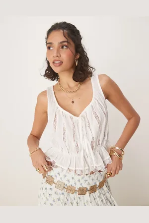 Free People Alana lace insert boho tank top in ivory-White