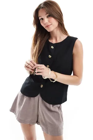 Threadbare Linen blend high neck button down waistcoat in