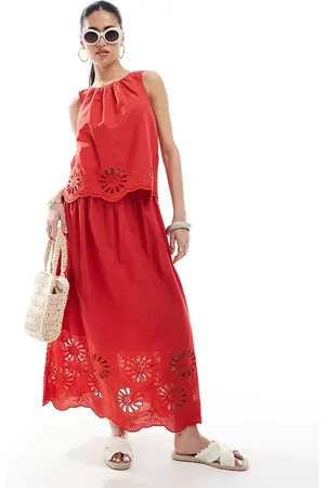 New Look Embroidered hem midi skirt in red (part of a set)
