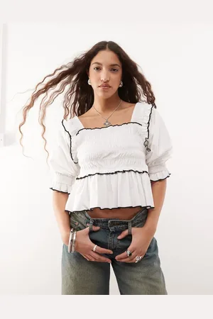 COLLUSION Extreme ruched puff sleeve blouse with contrast ties in -Blue