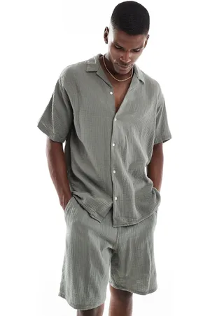 JACK & JONES Texture revere collar shirt and shorts set in green