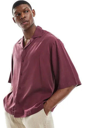 ASOS Boxy premium oversized revere shirt with half sleeve in burgundy-Red