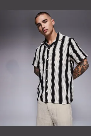 South Beach Short sleeve crochet beach shirt in stripe-Multi