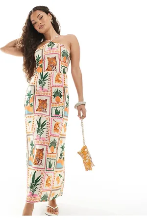 VERO MODA Halter maxi dress in tropical postcard print-Multi