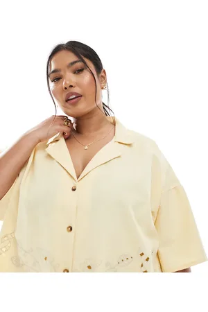 ASOS ASOS DESIGN Curve short sleeve shirt with revere collar with broderie detail in straw (Part of a set)-Yellow