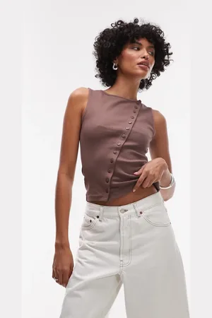 Topshop Asymmetric button through tank top in brown