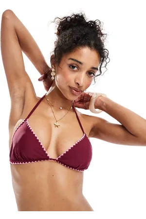 Miss Selfridge Blanket stitch detail triangle bikini top in with pink stitch-Red