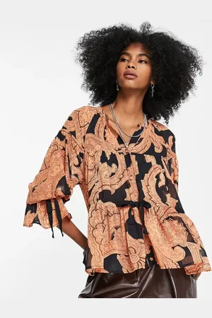 ASOS Sheer blouse with tie detail in black & orange print-Multi