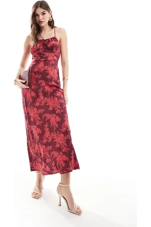 ASOS Ruched bust maxi slip dress in burgundy based floral print-Multi