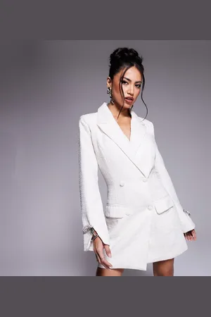 In The Style X Perrie Sian exclusive structured embellished bow detail boucle blazer mini dress in -White