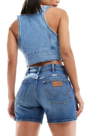 Wrangler Boyfriend straight fit distressed denim shorts in -Blue