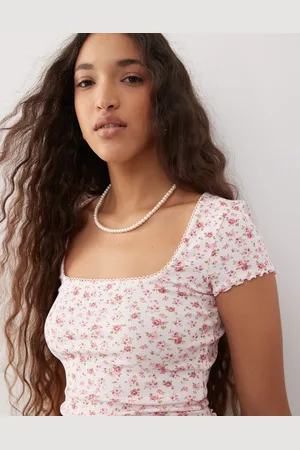 Miss Selfridge Lace trim rib short sleeve top in -Multi