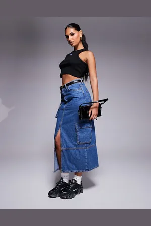 Hugo Blue Cargo maxi denim skirt in mid blue