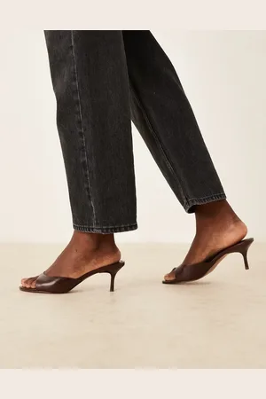 ASOS Hush leather mid heeled mules in chocolate-Brown